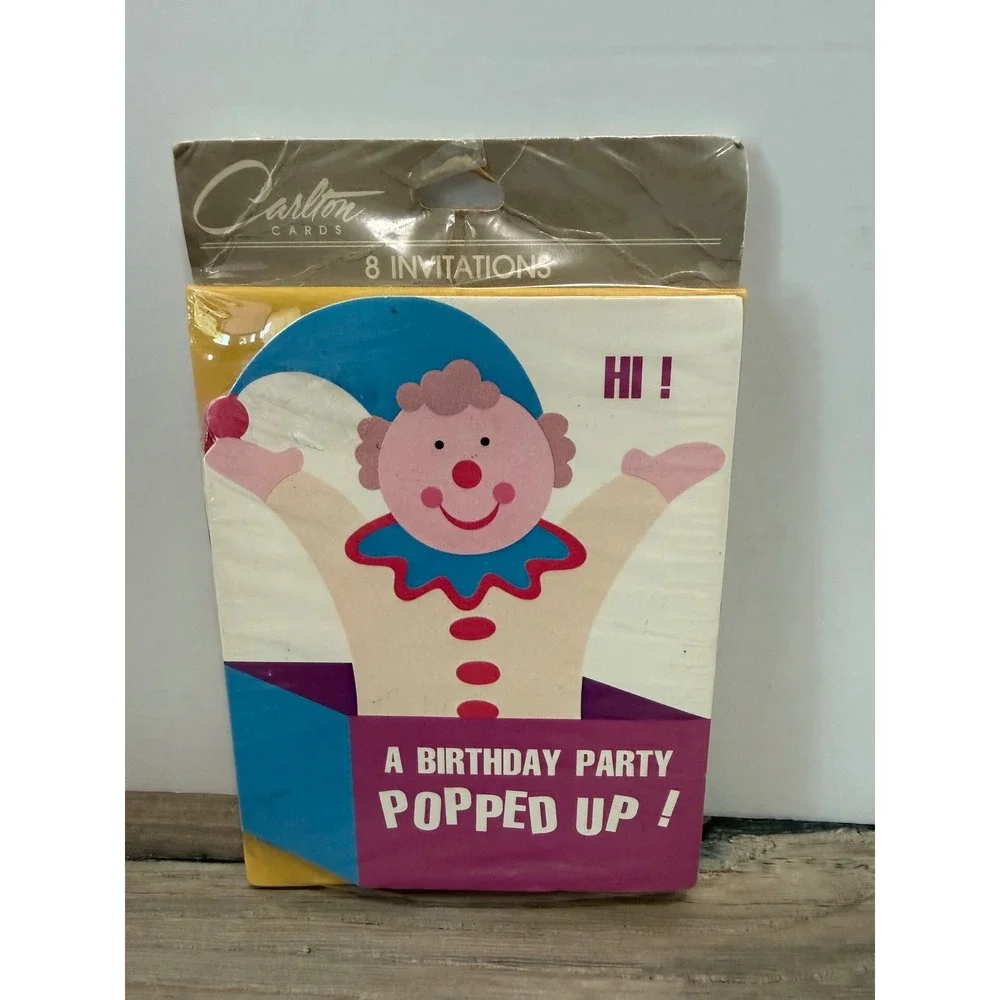 Vintage 1987 Carlton Cards Birthday Party Invitations Jack-in-the-Box Clown 8ct